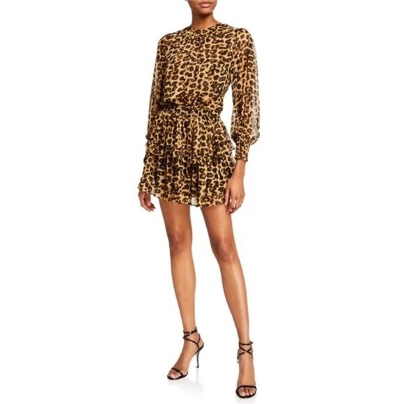 MISA Katia Long Sleeve Mini Dress Ruffle Animal Print Smocked Coquette Size XS - Picture 1 of 13